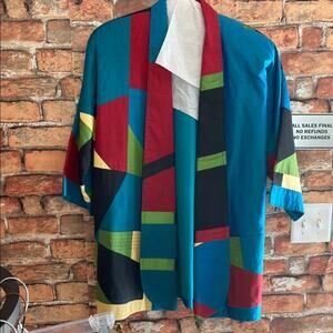Blue and Red Casual Button Down Shirt with Geometric Pattern